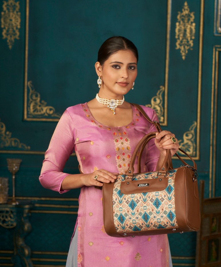 Elegant Brown Leather and Fabric Handbag with Geometric Pattern