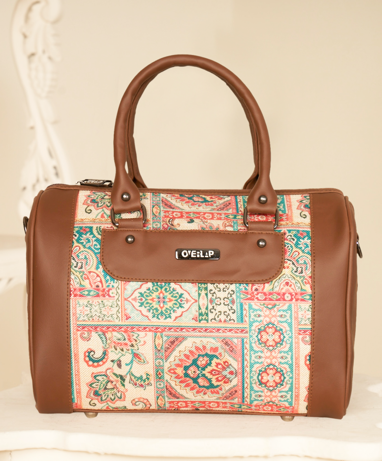 Ethnic Printed Brown Handbag - Stylish Canvas and Leather Tote Bag for Women