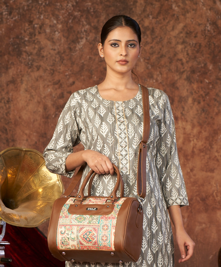 Ethnic Printed Brown Handbag - Stylish Canvas and Leather Tote Bag for Women